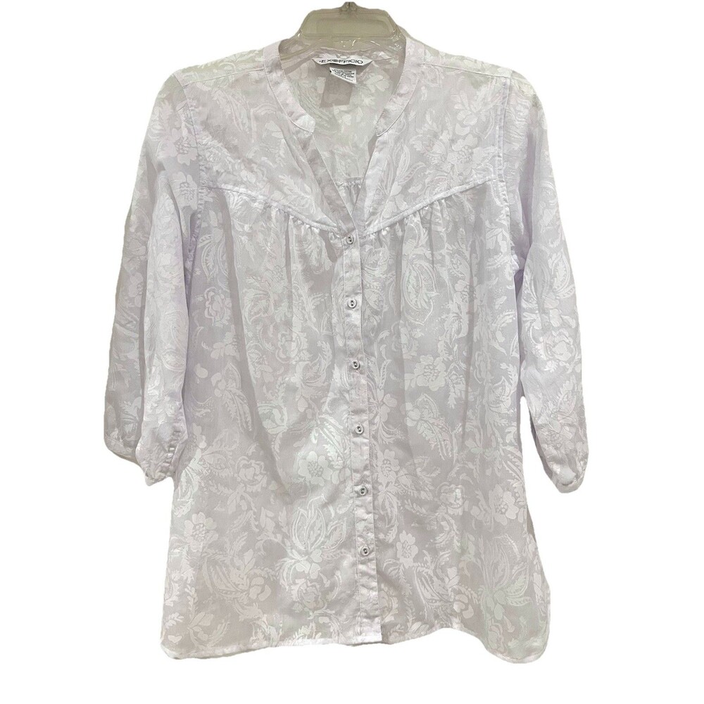 ExOfficio Sheer Floral Button Down Blouse Sz Large White 3/4 Sleeves